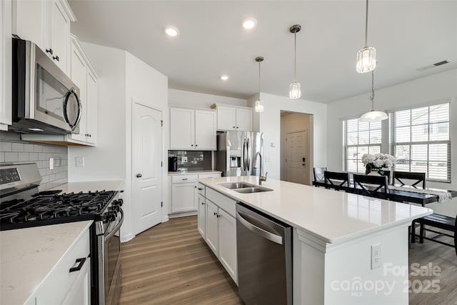 kitchen with sink, white cabinetry, appliances with stainless steel finishes, an island with sink, and pendant lighting