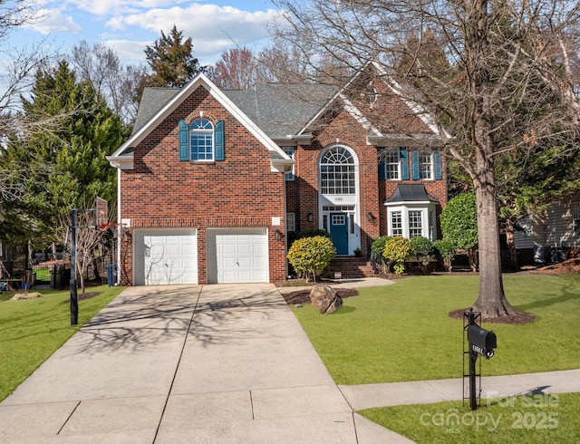 front facade with a front lawn and a garage