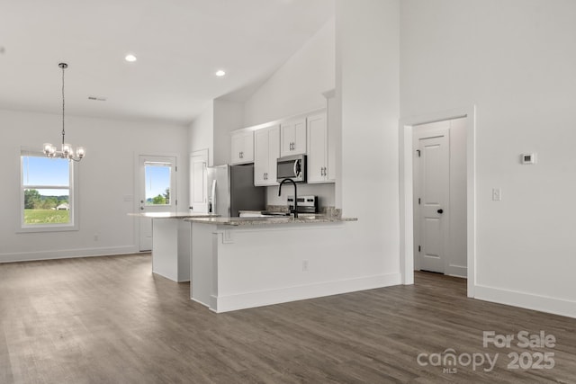 5177 Flay Rd, Lincolnton, NC 28021 - kitchen featuring appliances with stainless steel finishes, dark wood-style flooring, a peninsula, white cabinets, and a high ceiling
