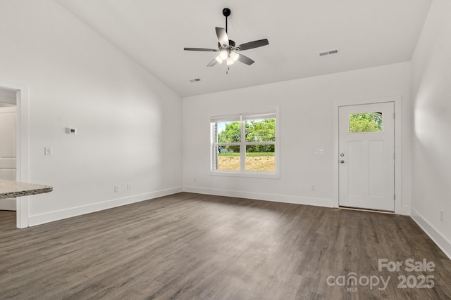 5177 Flay Rd, Lincolnton, NC 28021 - unfurnished living room with dark wood-type flooring, ceiling fan, baseboards, and high vaulted ceiling