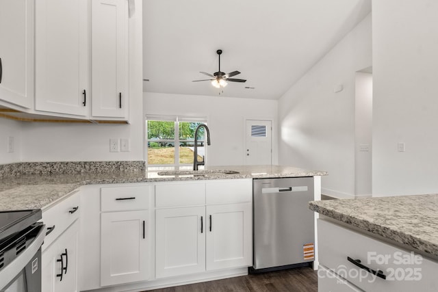 5177 Flay Rd, Lincolnton, NC 28021 - kitchen featuring dishwasher, a sink, a ceiling fan, white cabinetry, and dark wood finished floors