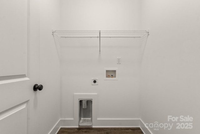 5177 Flay Rd, Lincolnton, NC 28021 - clothes washing area featuring hookup for a washing machine, hookup for an electric dryer, baseboards, and dark wood-type flooring