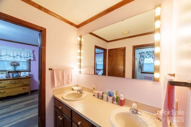 bathroom with vanity, hardwood / wood-style flooring, and ornamental molding