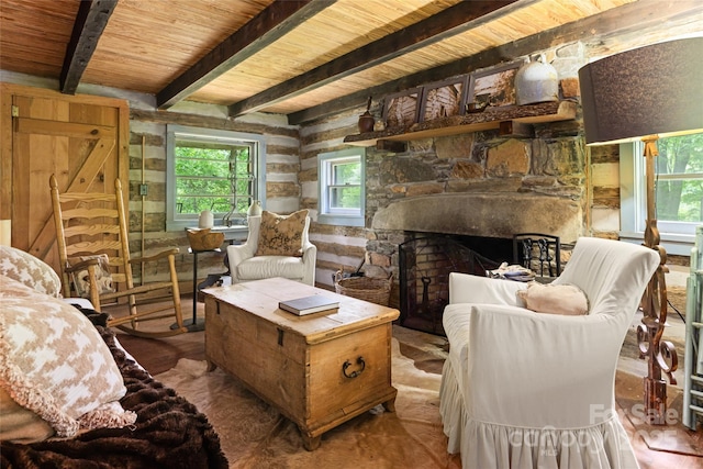 interior space featuring a stone fireplace, beam ceiling, and wooden ceiling