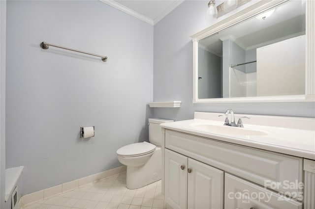 bathroom with crown molding, vanity, a shower, tile patterned floors, and toilet