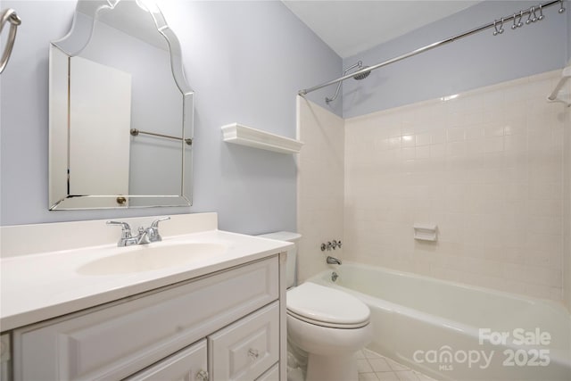 full bathroom with vanity, bathtub / shower combination, and toilet