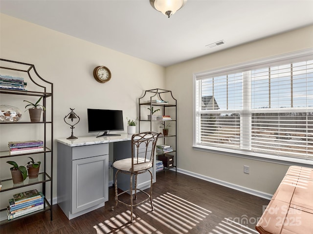 home office with dark hardwood / wood-style floors