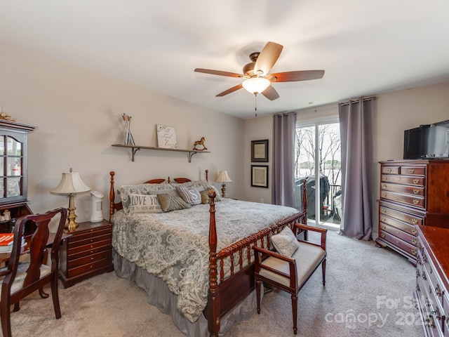 bedroom featuring ceiling fan, access to outside, and light colored carpet