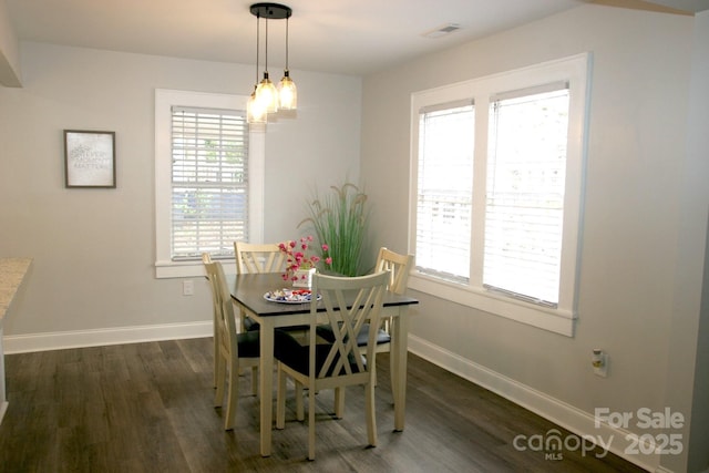 dining area with plenty of natural light and dark wood-type flooring