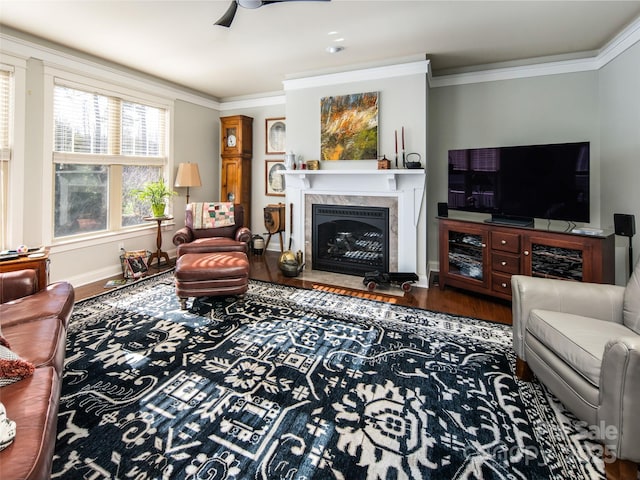 living room featuring crown molding, wood-type flooring, a premium fireplace, and ceiling fan