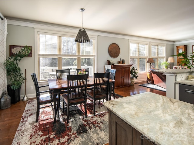 dining room with crown molding, a healthy amount of sunlight, and dark hardwood / wood-style flooring