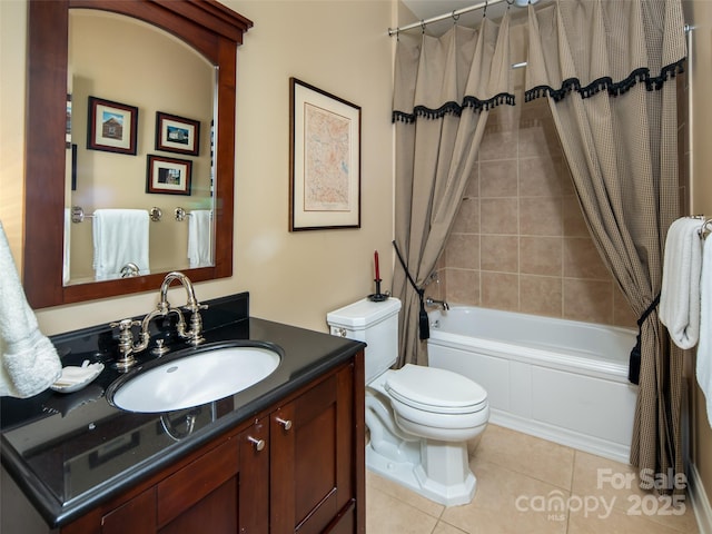 full bathroom featuring vanity, shower / tub combo, tile patterned floors, and toilet