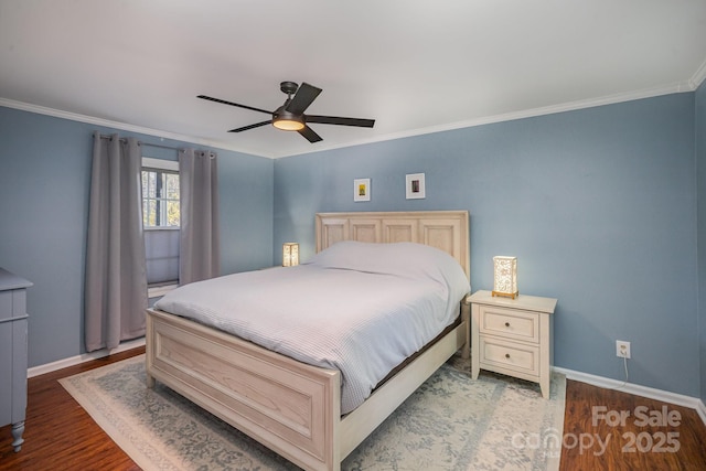 bedroom with hardwood / wood-style floors, ornamental molding, and ceiling fan