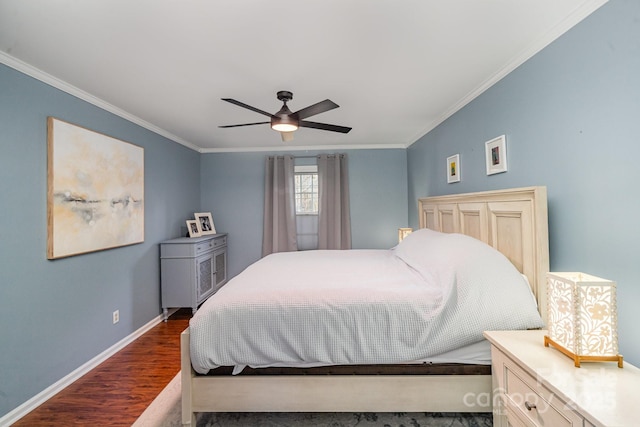 bedroom with crown molding, dark wood-type flooring, and ceiling fan