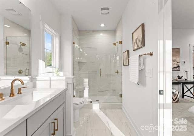 full bath featuring toilet, a shower stall, vanity, recessed lighting, and baseboards