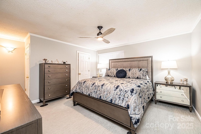 bedroom with ceiling fan, ornamental molding, light carpet, and a textured ceiling