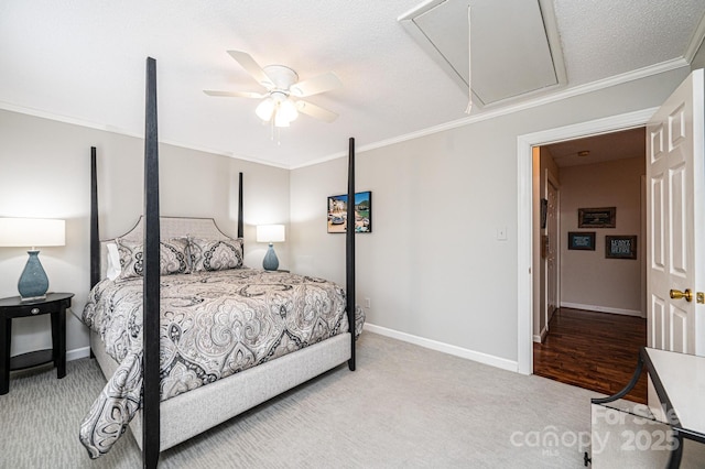 carpeted bedroom with crown molding and ceiling fan