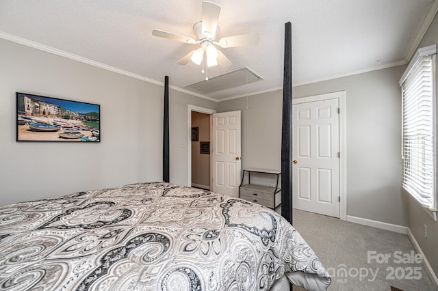 bedroom featuring light carpet, a textured ceiling, ornamental molding, and ceiling fan