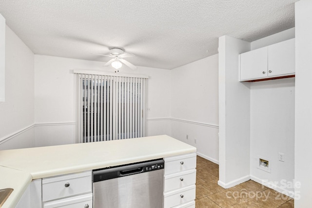 kitchen with white cabinetry, ceiling fan, a textured ceiling, and dishwasher