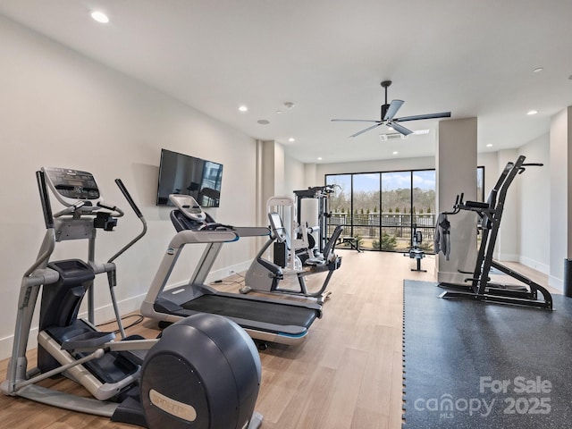 gym featuring light hardwood / wood-style floors and ceiling fan