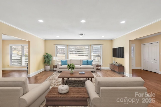 living room with crown molding and wood-type flooring