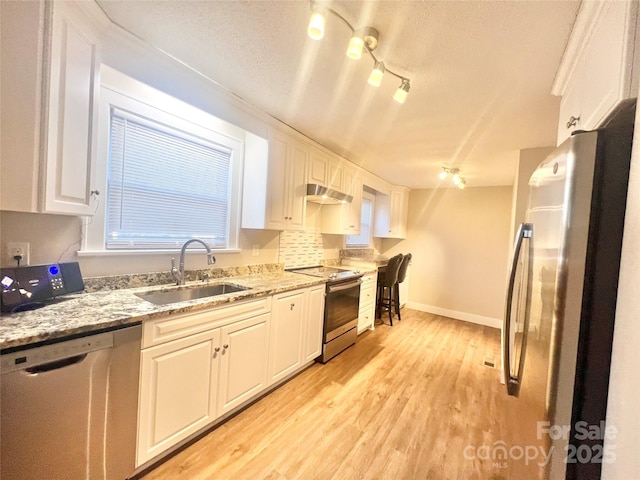 kitchen with under cabinet range hood, stainless steel appliances, a sink, white cabinets, and light wood finished floors