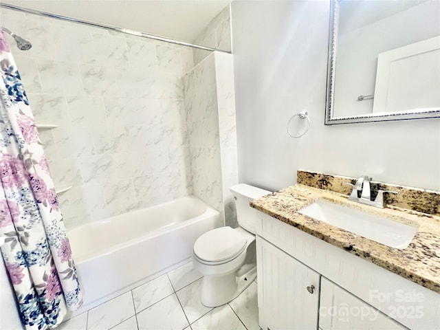 bathroom featuring toilet, shower / tub combo, and vanity