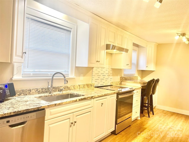 kitchen featuring under cabinet range hood, white cabinetry, stainless steel appliances, and a sink