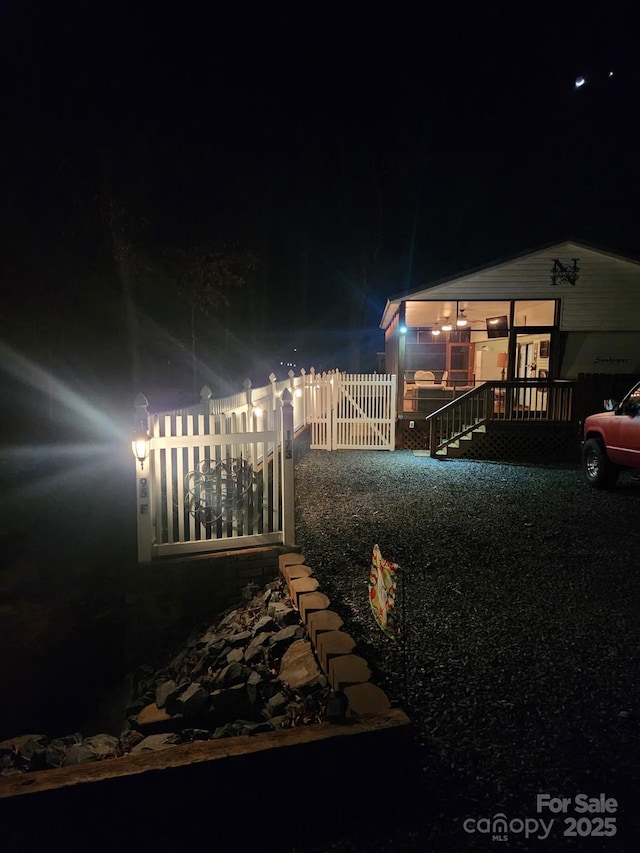 view of yard at night