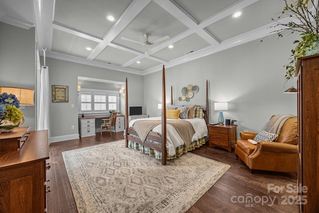 bedroom with dark wood-type flooring, ceiling fan, beam ceiling, coffered ceiling, and ornamental molding