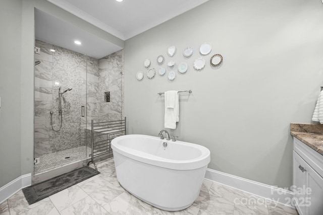 bathroom featuring vanity and shower with separate bathtub