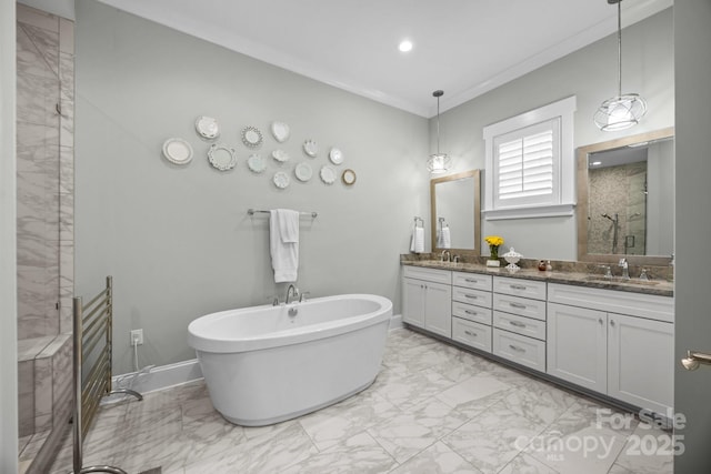 bathroom featuring vanity, ornamental molding, and independent shower and bath