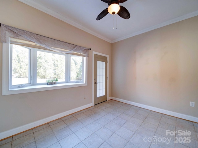 tiled empty room with ornamental molding and ceiling fan