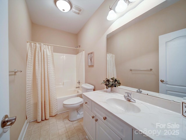 full bathroom with vanity, shower / bath combination with curtain, tile patterned floors, and toilet