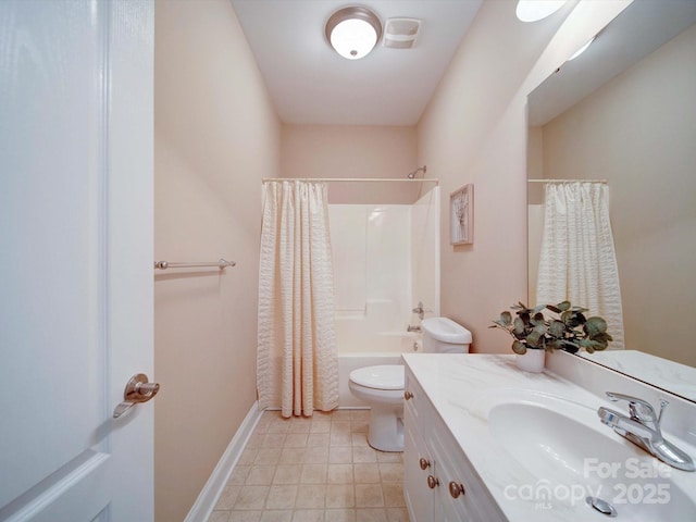 full bathroom featuring toilet, vanity, and shower / bathtub combination with curtain