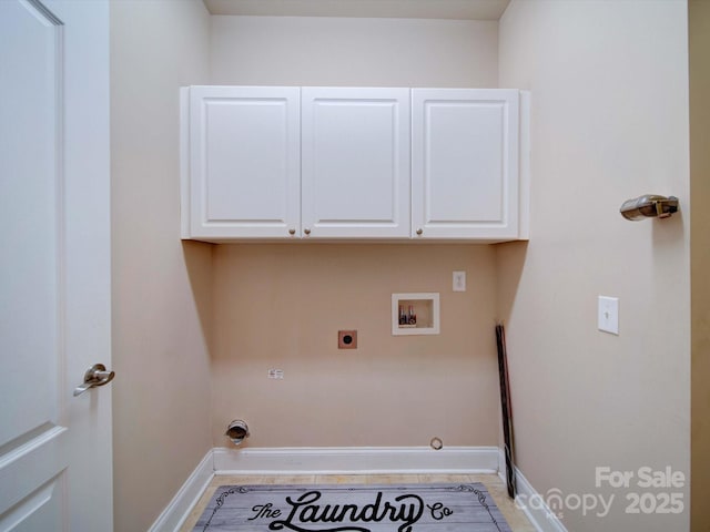 laundry room with washer hookup, hookup for a gas dryer, cabinet space, baseboards, and hookup for an electric dryer