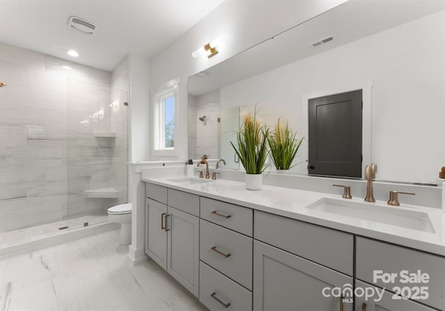 bathroom with vanity, tiled shower, and toilet