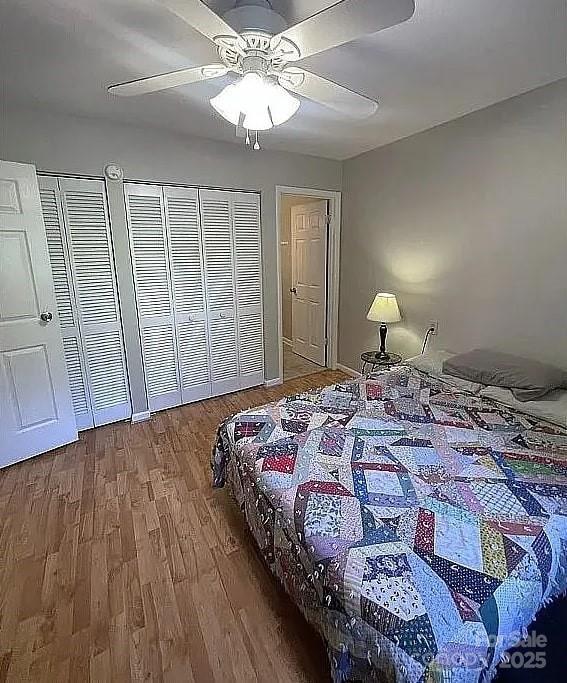 bedroom featuring ceiling fan, hardwood / wood-style flooring, and multiple closets