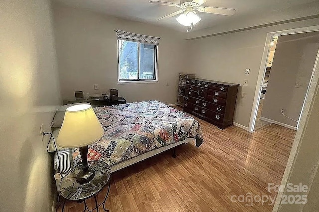 bedroom featuring ceiling fan and light hardwood / wood-style floors