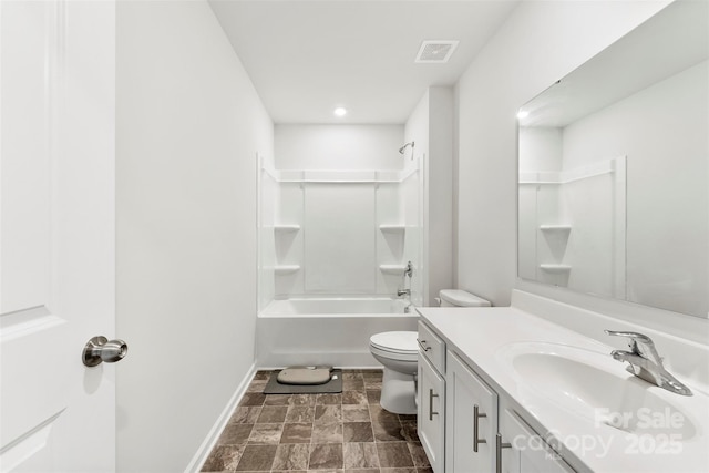 full bathroom with vanity, bathtub / shower combination, and toilet