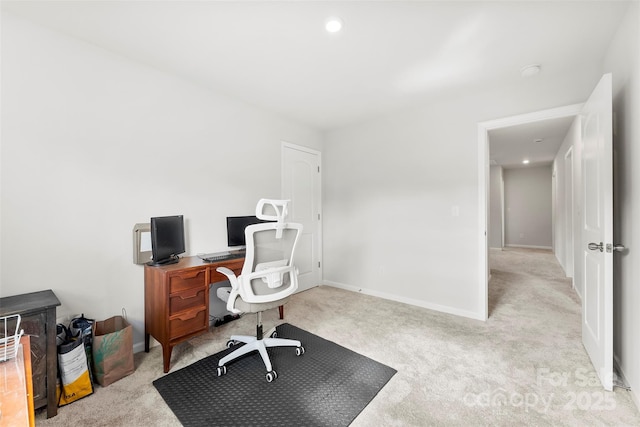 home office featuring light colored carpet