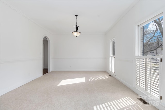 spare room with ornamental molding and light carpet