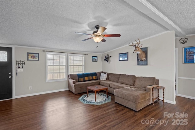 living room with lofted ceiling, a textured ceiling, ornamental molding, dark hardwood / wood-style floors, and ceiling fan