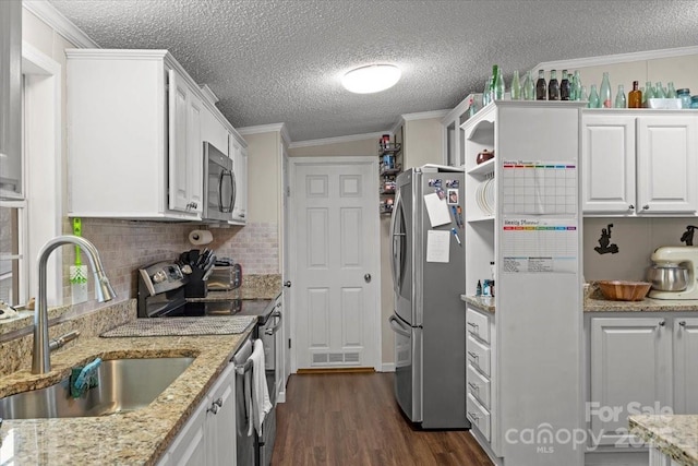 kitchen with dark hardwood / wood-style floors, white cabinetry, sink, light stone counters, and stainless steel appliances