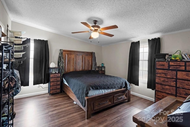 bedroom featuring ceiling fan, crown molding, dark hardwood / wood-style floors, and a textured ceiling