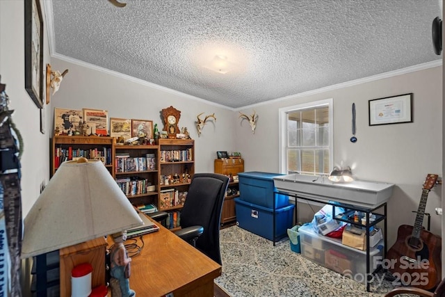 carpeted home office with ornamental molding and a textured ceiling