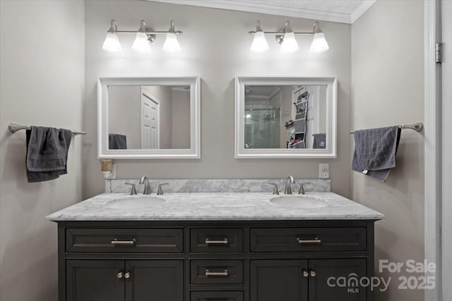 bathroom featuring ornamental molding and vanity