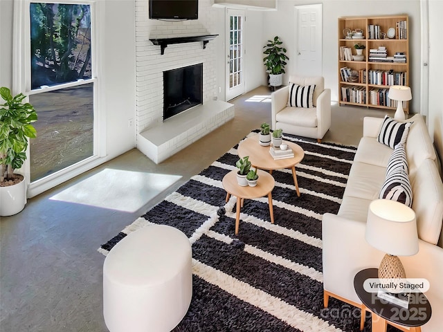 living room with a fireplace