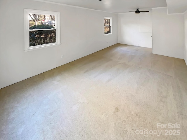 empty room featuring crown molding, ceiling fan, and carpet