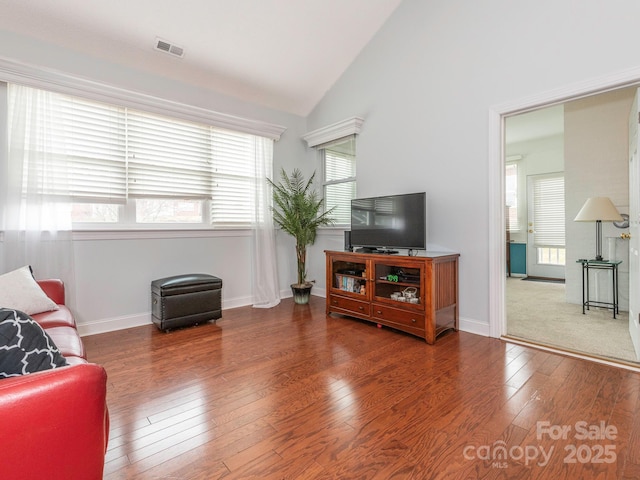 living room featuring hardwood / wood-style floors, a wealth of natural light, and high vaulted ceiling